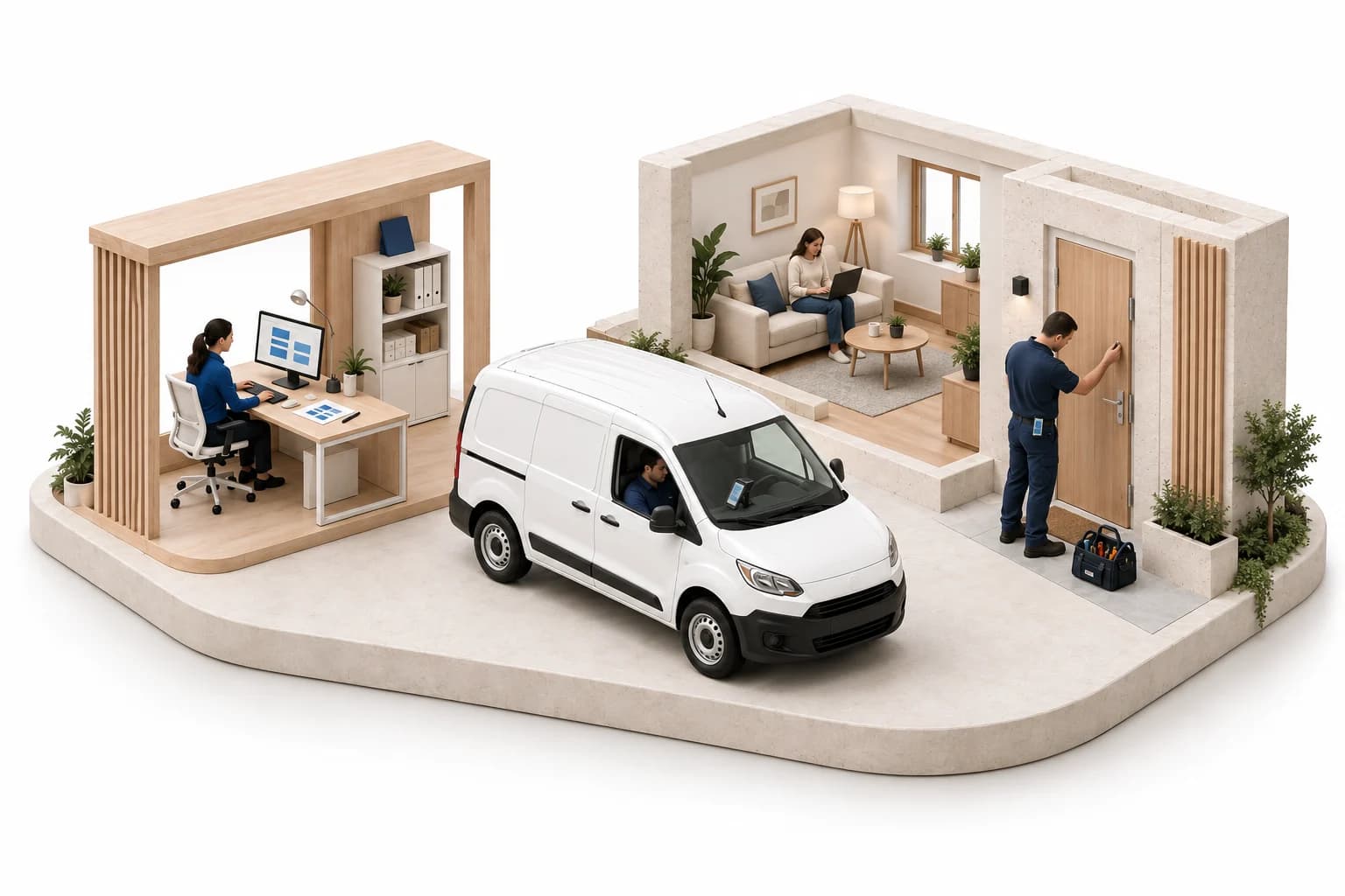 A cutaway miniature: a customer with a laptop at home, an office coordinator at a computer, a parked service van and a technician at the customer’s door. Blue connections carry the enquiry, visit plan and report between them.