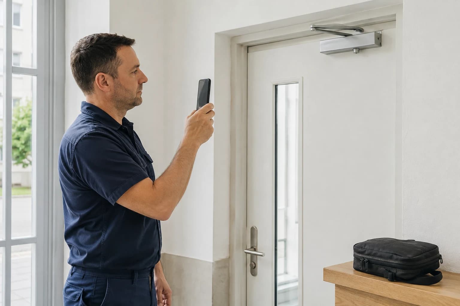 A technician checks a phone beside a door closer, with a tool bag nearby.